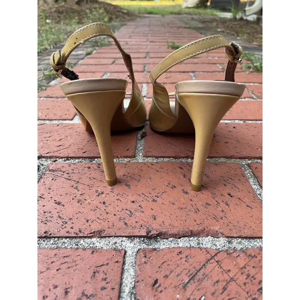 Cole Haan Signature Patent Leather Peep Toe Slingback Heels Tan Women's Size 7B